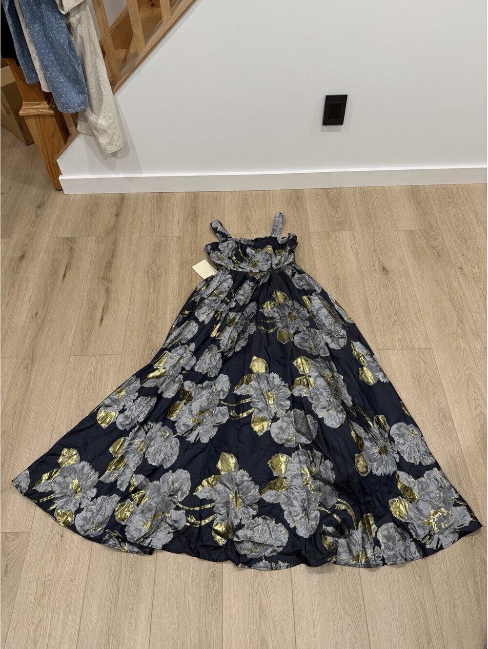 NWT JessaKae Selena Floral Navy Gold Silver Ruffle Maxi Dress Size Small